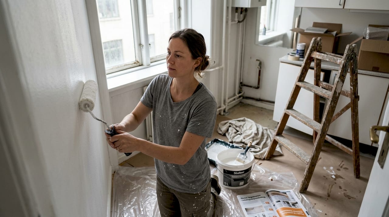 En kvinde er i gang med at male væggene i sit lille køkken.