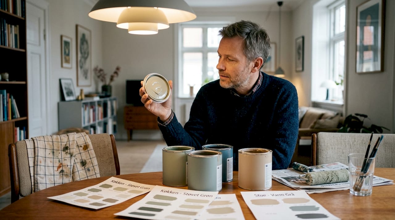 En mand kigger på forskellige farveprøver til væggene, som ligger spredt ud på bordet.
