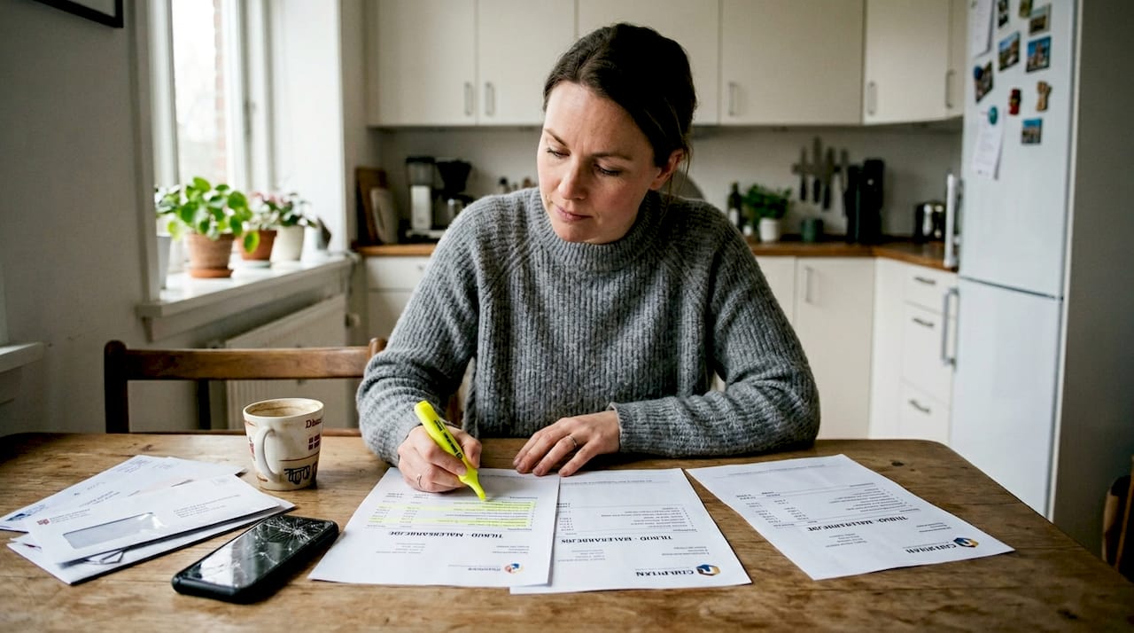 En boligejer sidder ved køkkenbordet og gennemgår tilbud fra forskellige malerfirmaer for at finde den bedste løsning.