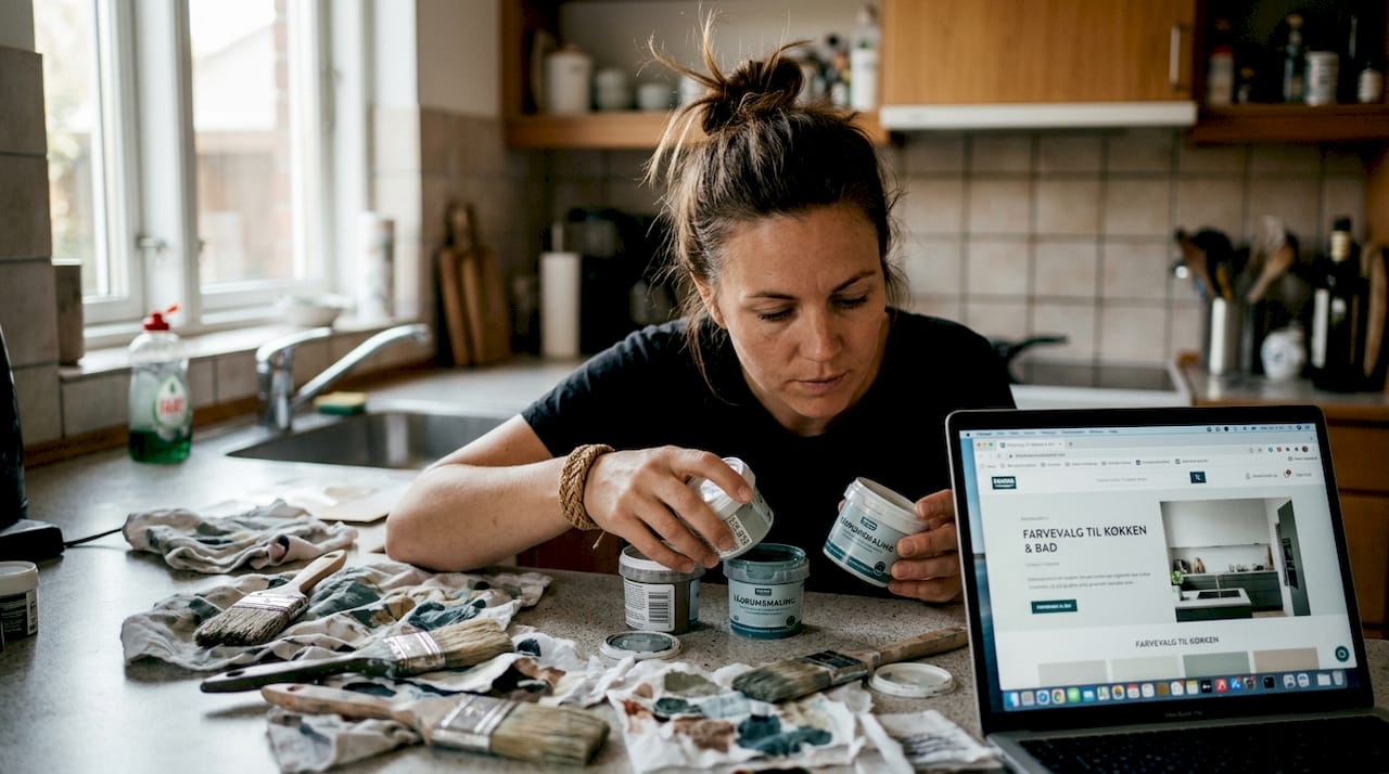 En kvinde tester forskellige typer vådrumsmaling på køkkenbordet for at finde den bedste løsning.