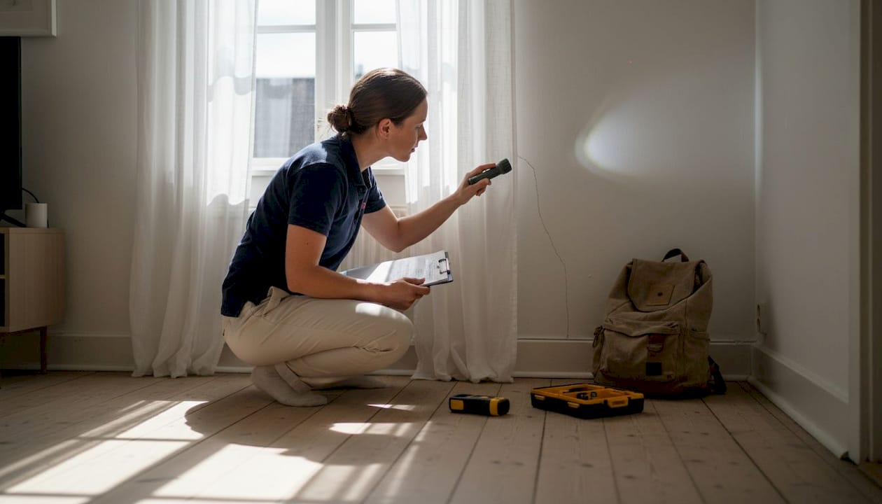 En kvinde undersøger en revne i væggen med professionelt øje.
