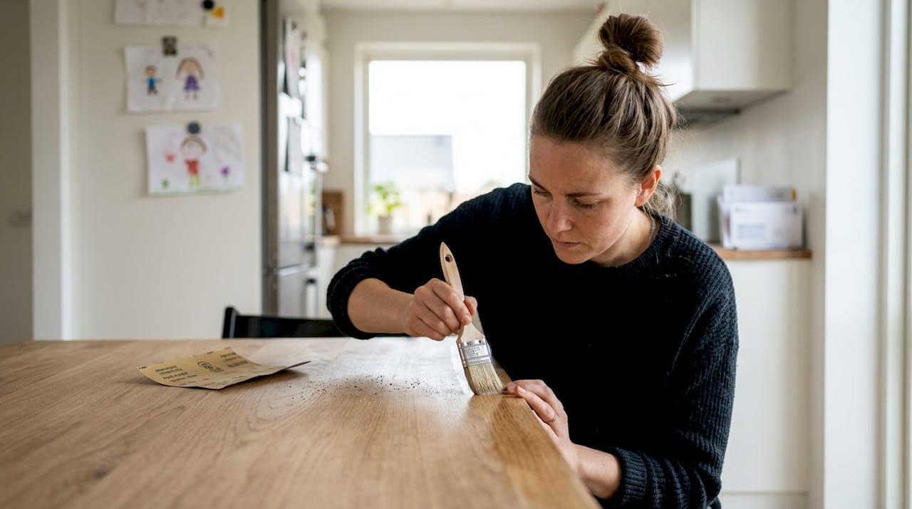 En kvinde giver sit egetræsbord i køkkenalrummet en gang lak.