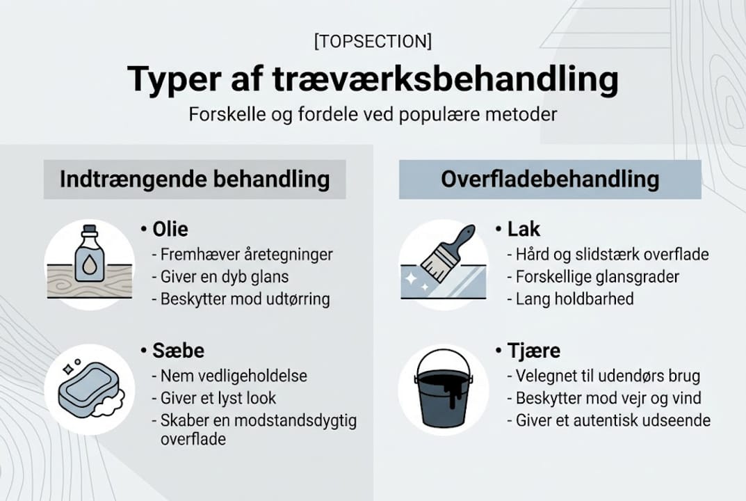 Grafisk oversigt over forskellige metoder til behandling af træ – og hvad du får ud af dem