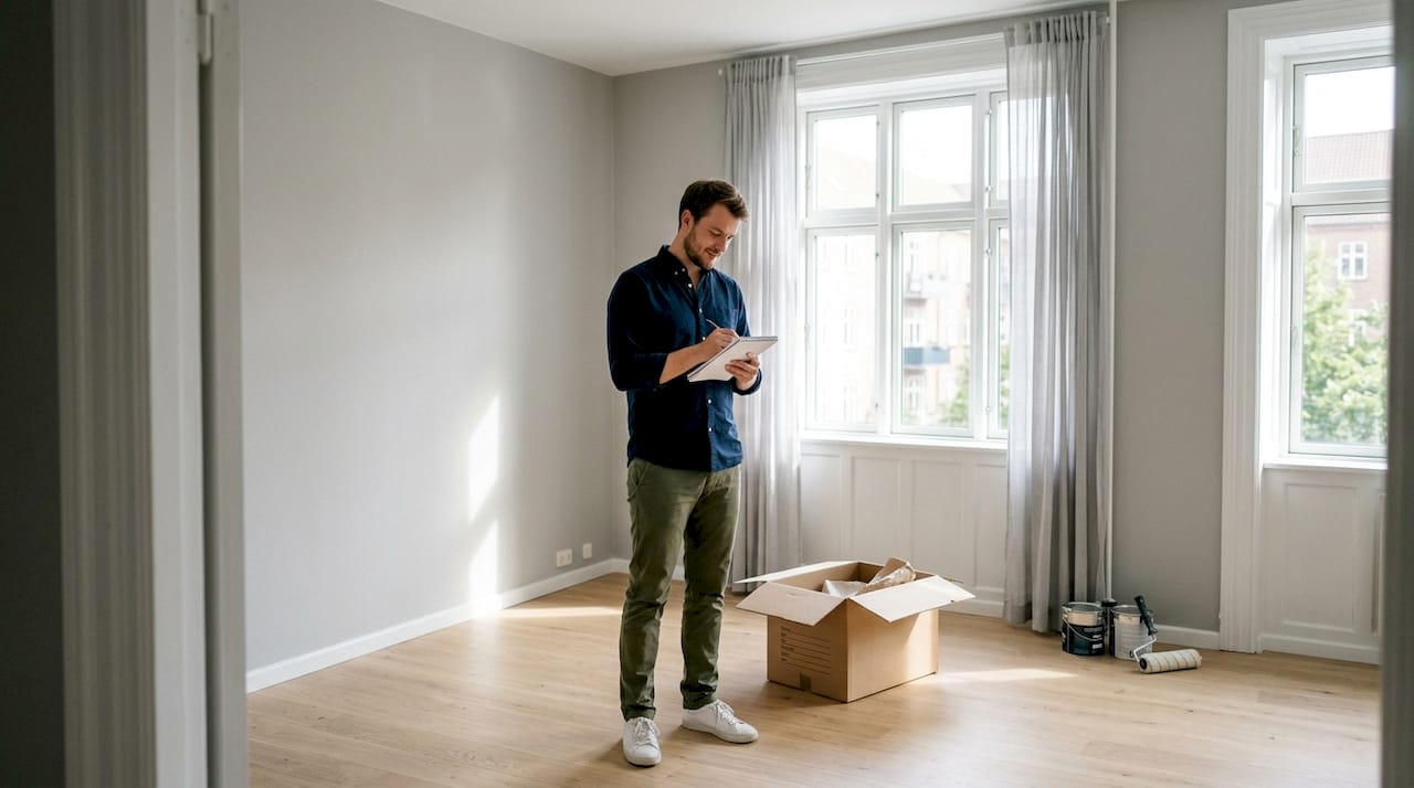 En mand betragter et nymalet værelse i en lys grå farve.