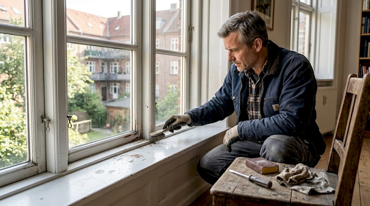 Efter malerarbejdet sørger manden for at rense drænhullet i vinduet, så vandet kan løbe frit.