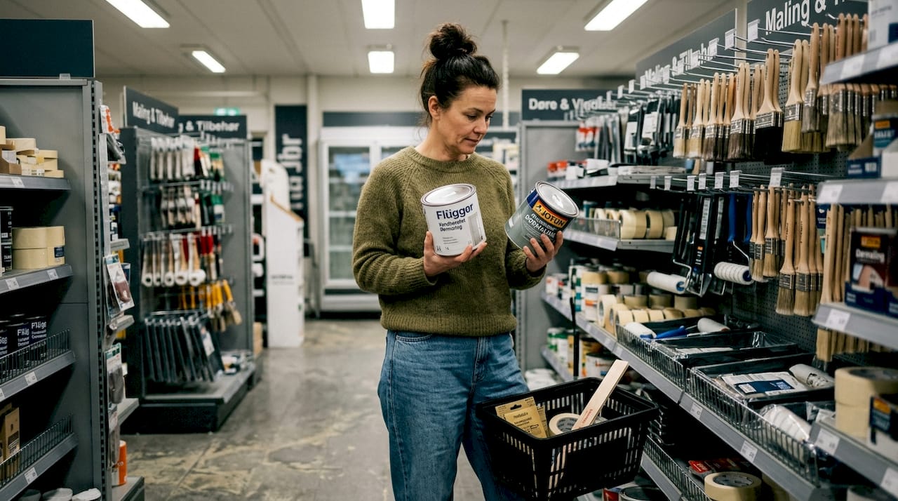 En kvinde står og overvejer, hvilken maling hun skal bruge til sin indvendige dør.