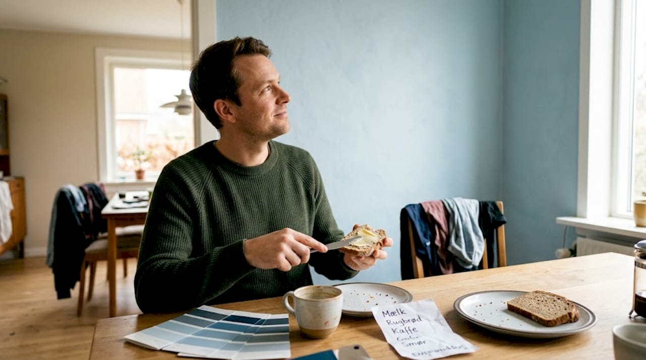 En mand står og overvejer, hvilke farver der passer bedst til sit køkken.