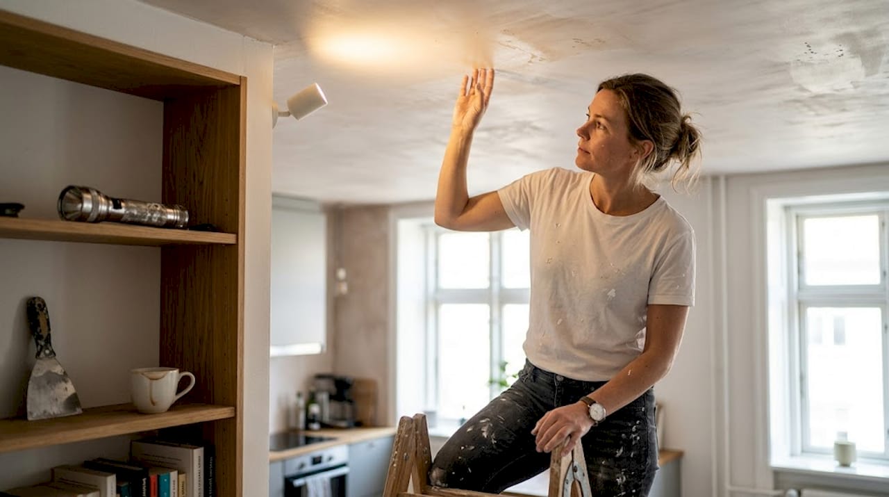 En kvinde kaster et kritisk blik på det nymalede loft for at se, om spartelarbejdet er blevet pænt og jævnt.