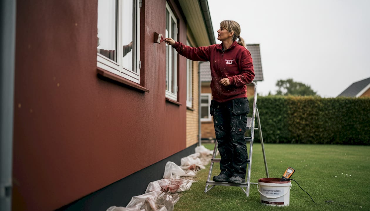 En kvinde er i gang med at male facaden på sin villa.