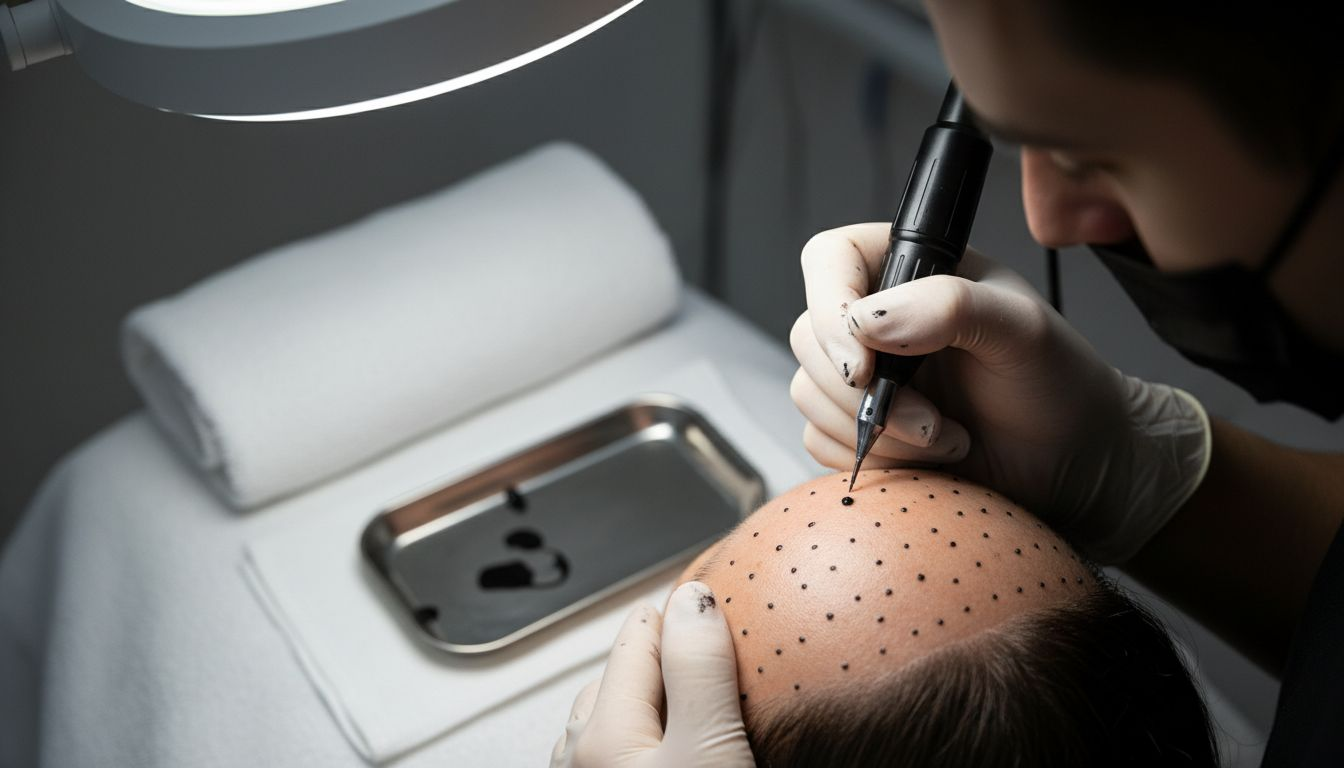 Detalle en primer plano del proceso de micropigmentación capilar