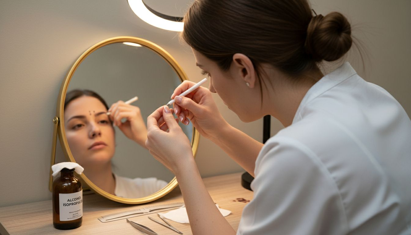 Diseño profesional de cejas utilizando regla y lápiz para lograr una forma perfecta.