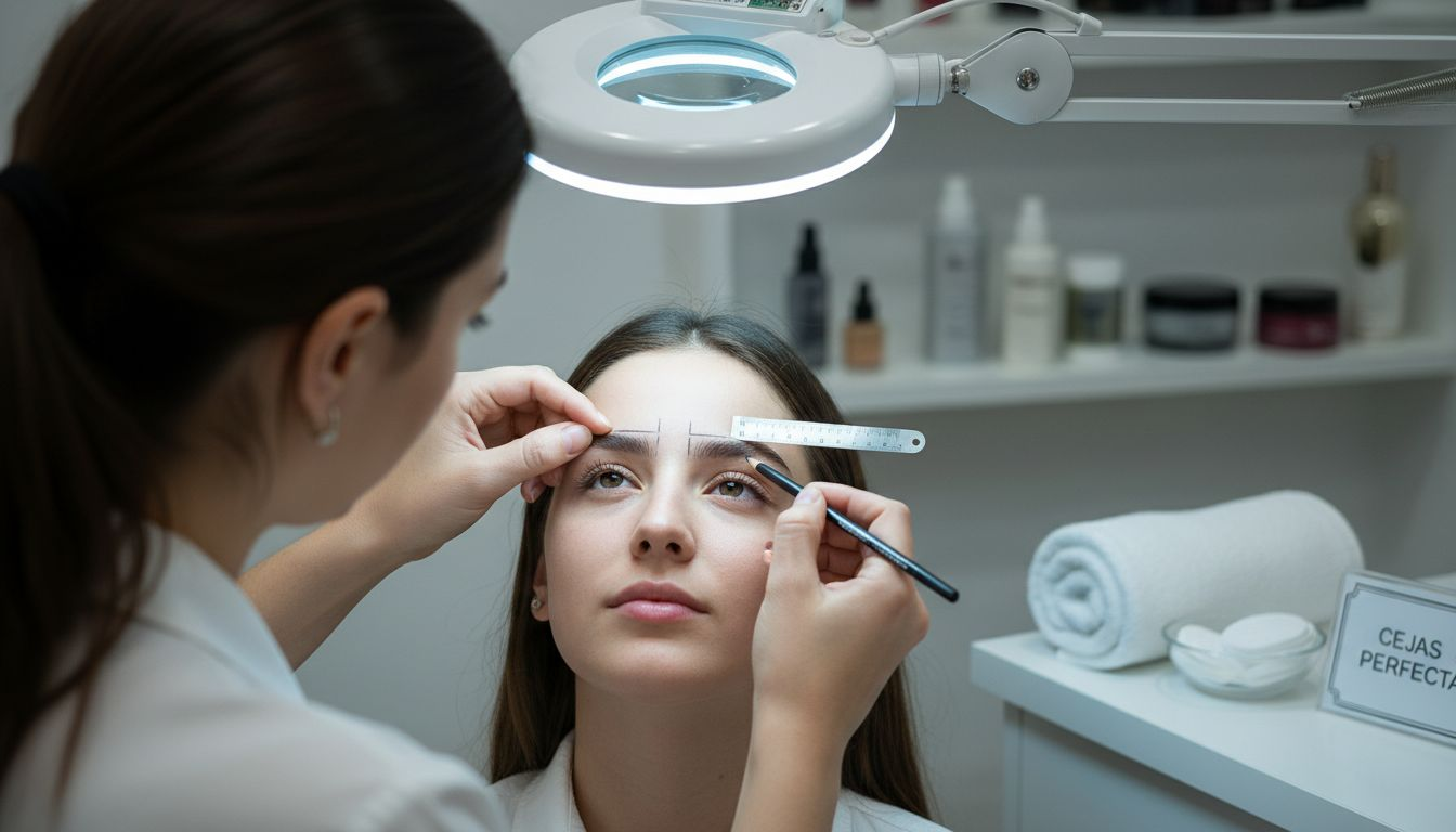 Especialista en belleza diseñando la forma de las cejas antes de realizar el microblading.