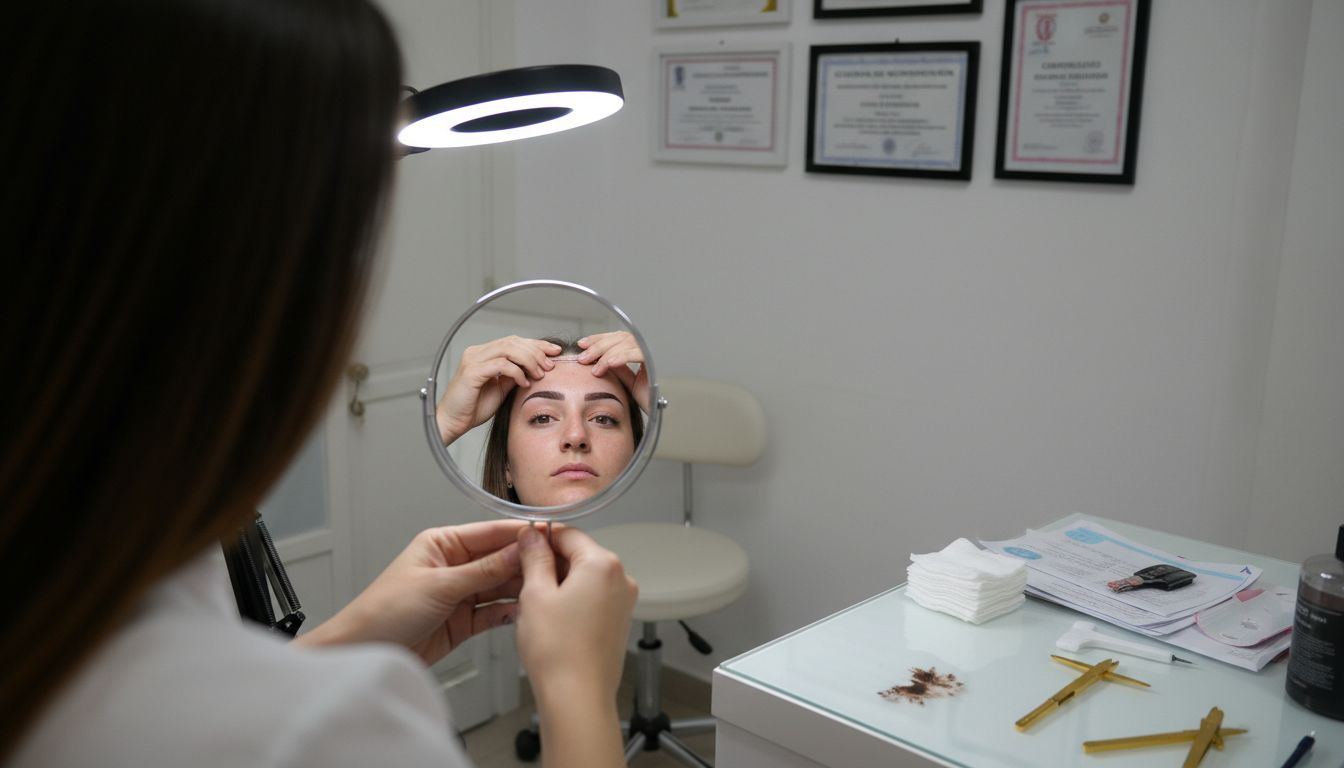 El especialista verifica que las cejas micropigmentadas queden perfectamente simétricas.