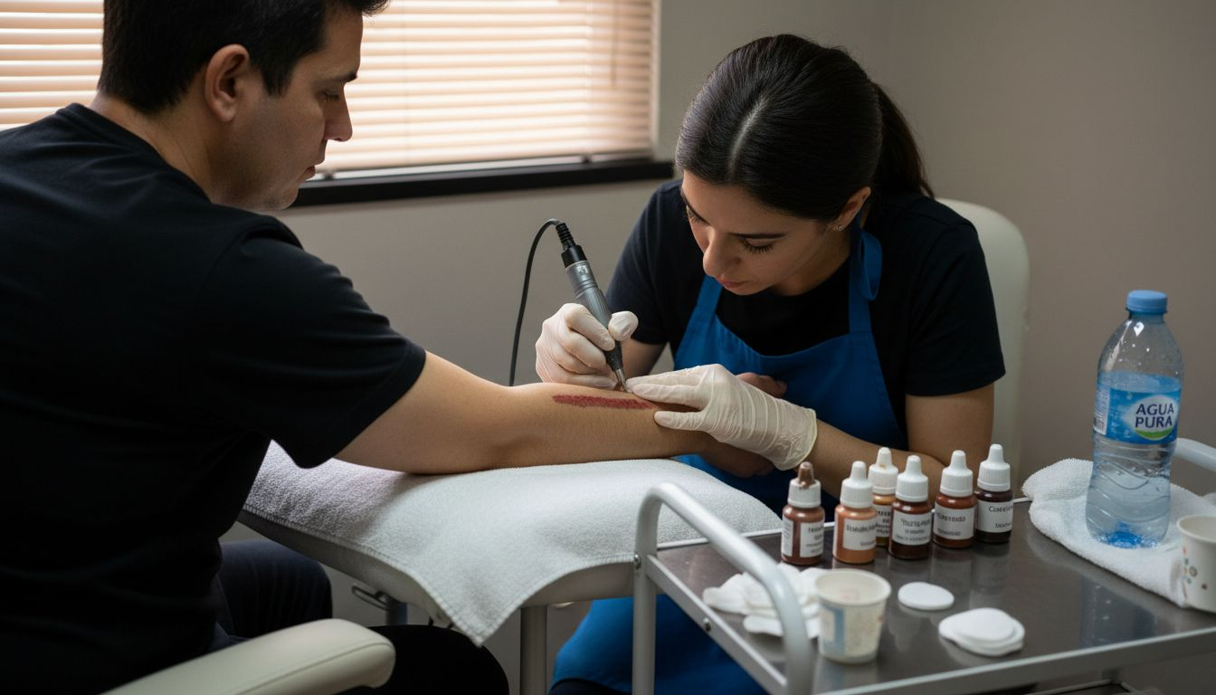 Especialista realizando micropigmentación para disimular una cicatriz