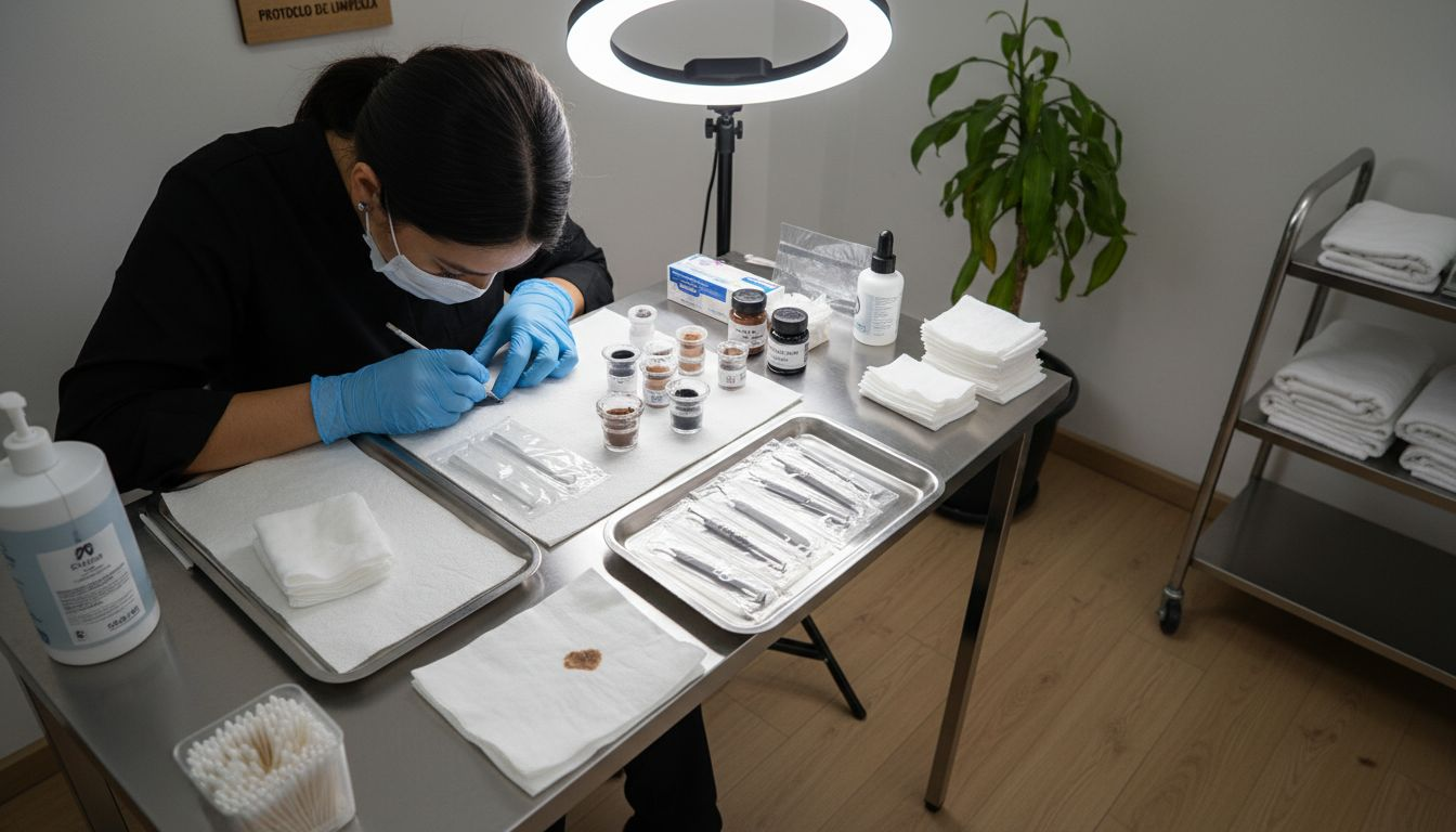 Mesa lista con todos los utensilios necesarios para realizar retoques de microblading