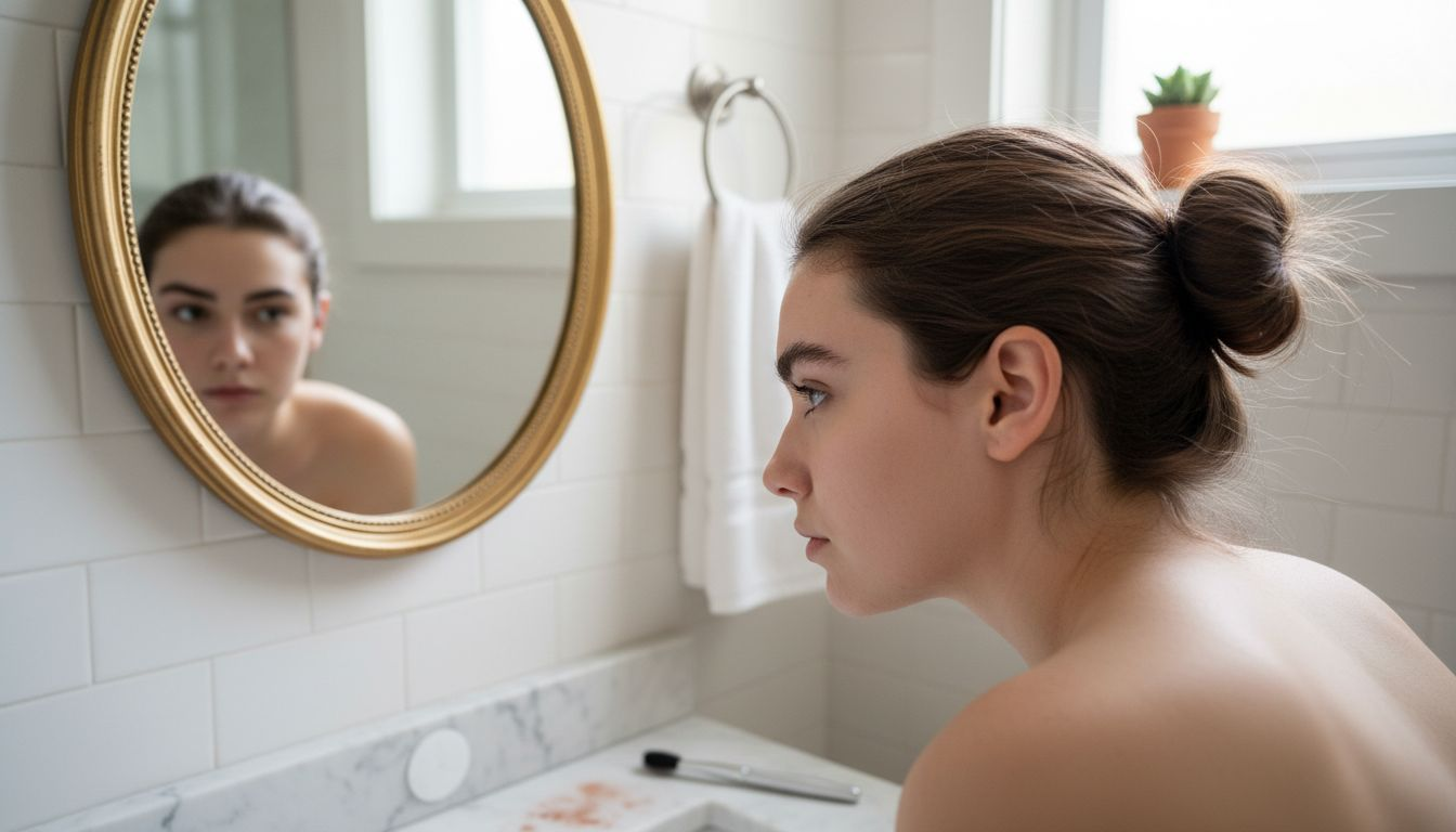 Una mujer admira el resultado final de la micropigmentación de sus cejas.