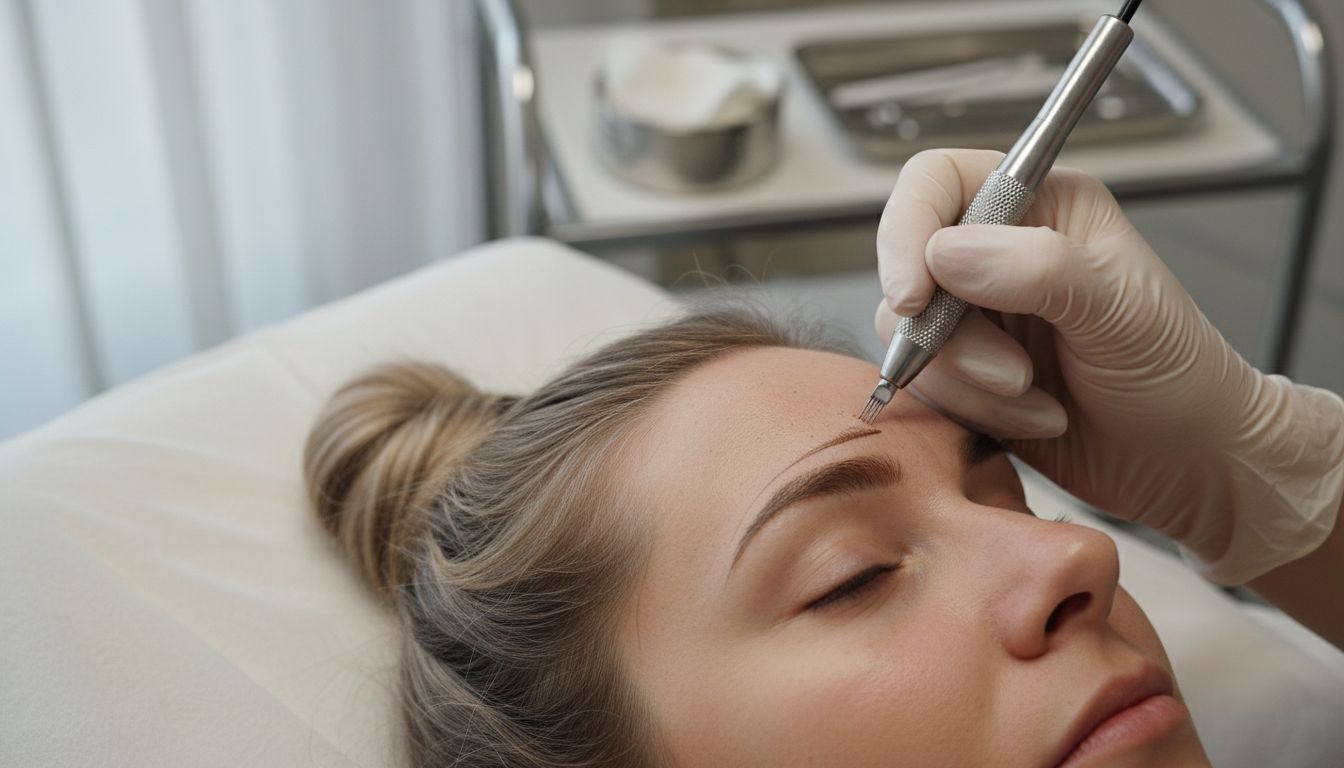 Proceso de microblading realizado en la ceja de una mujer