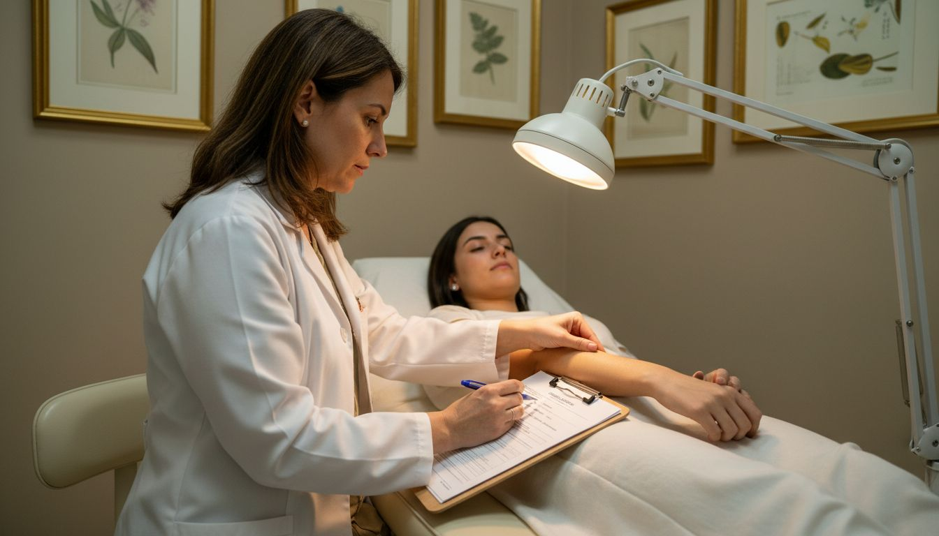 Antes de realizar el tratamiento, la dermatóloga revisa cuidadosamente el estado de la piel.