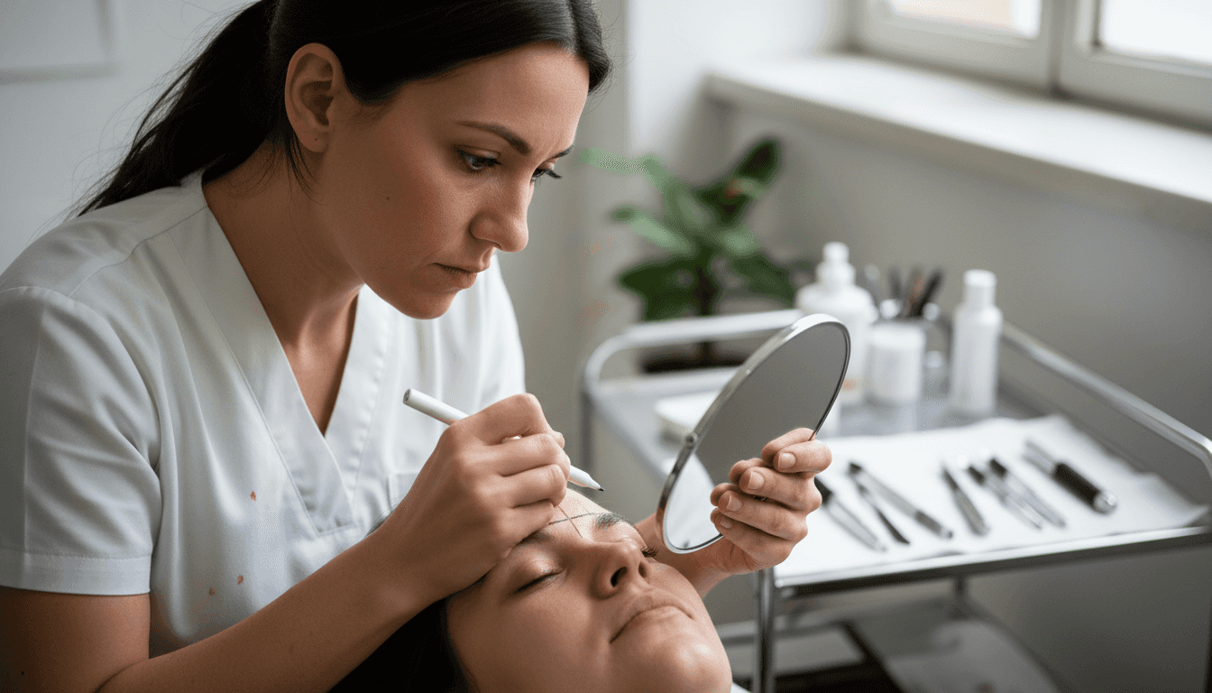 Experta en belleza realiza diseño personalizado de cejas a través de un mapeo facial detallado.