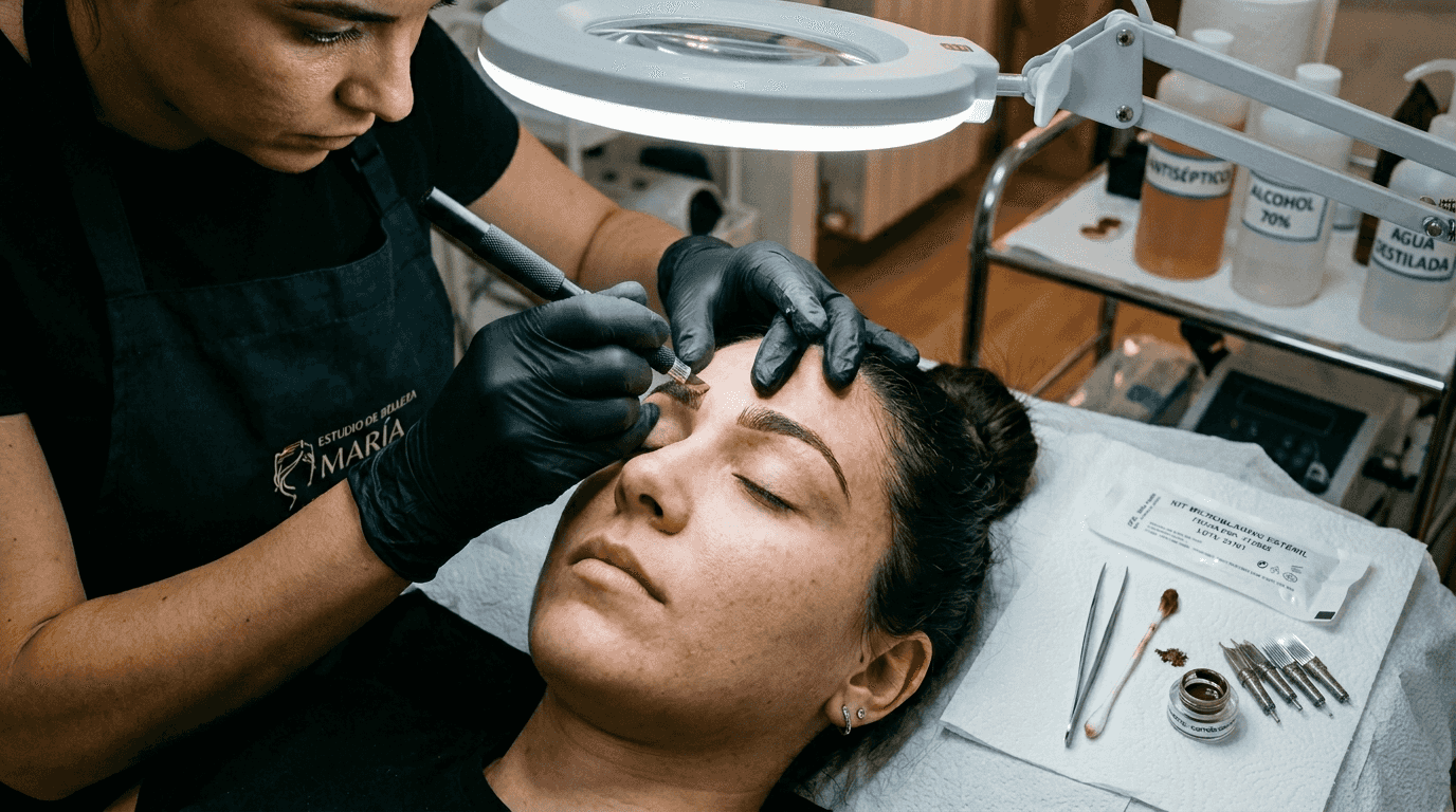 Toma en primer plano del proceso de microblading en la ceja