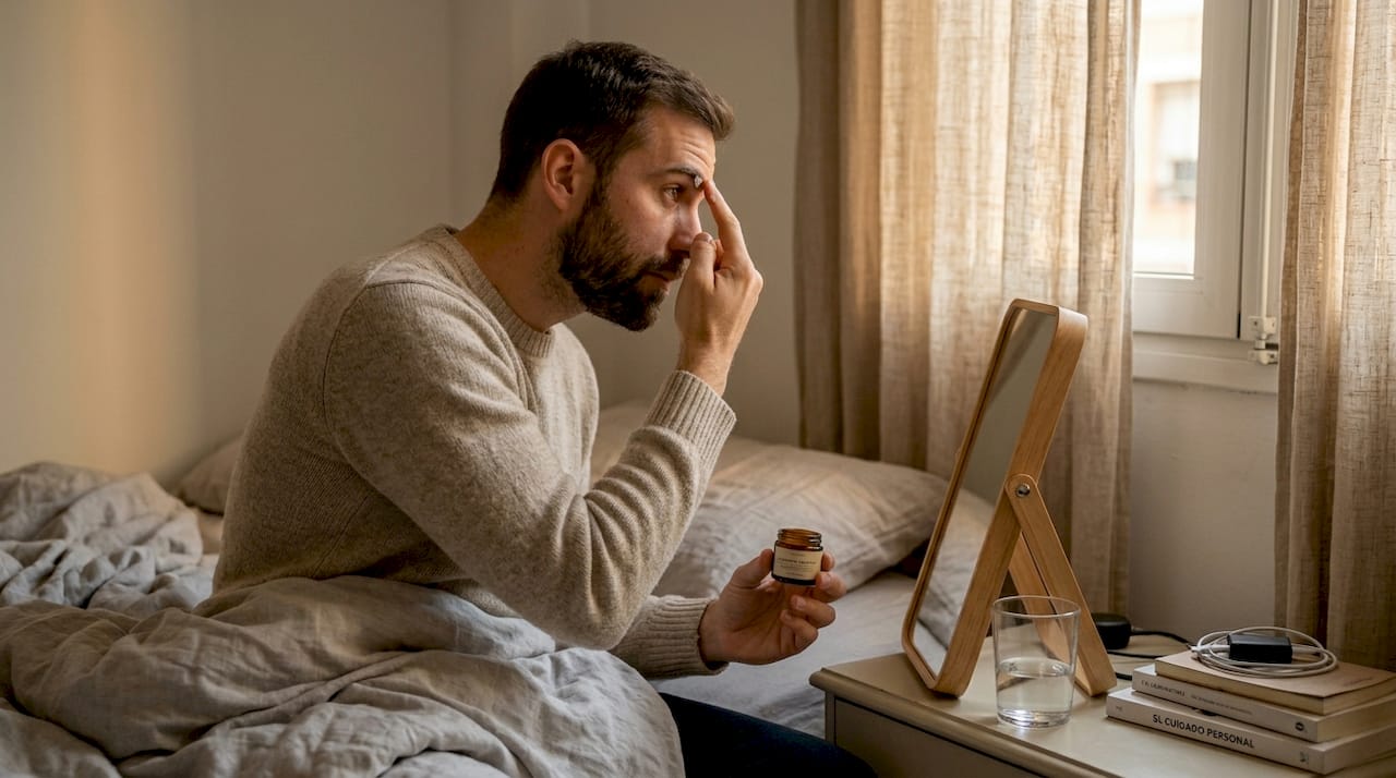 Hombre cuidando sus cejas con un sérum nutritivo