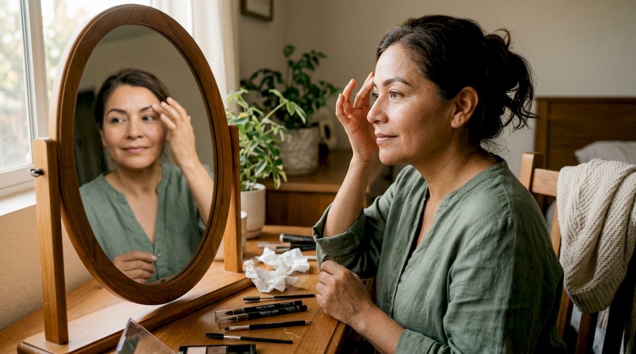 Una mujer se observa en el espejo y admira cómo lucen sus cejas renovadas.