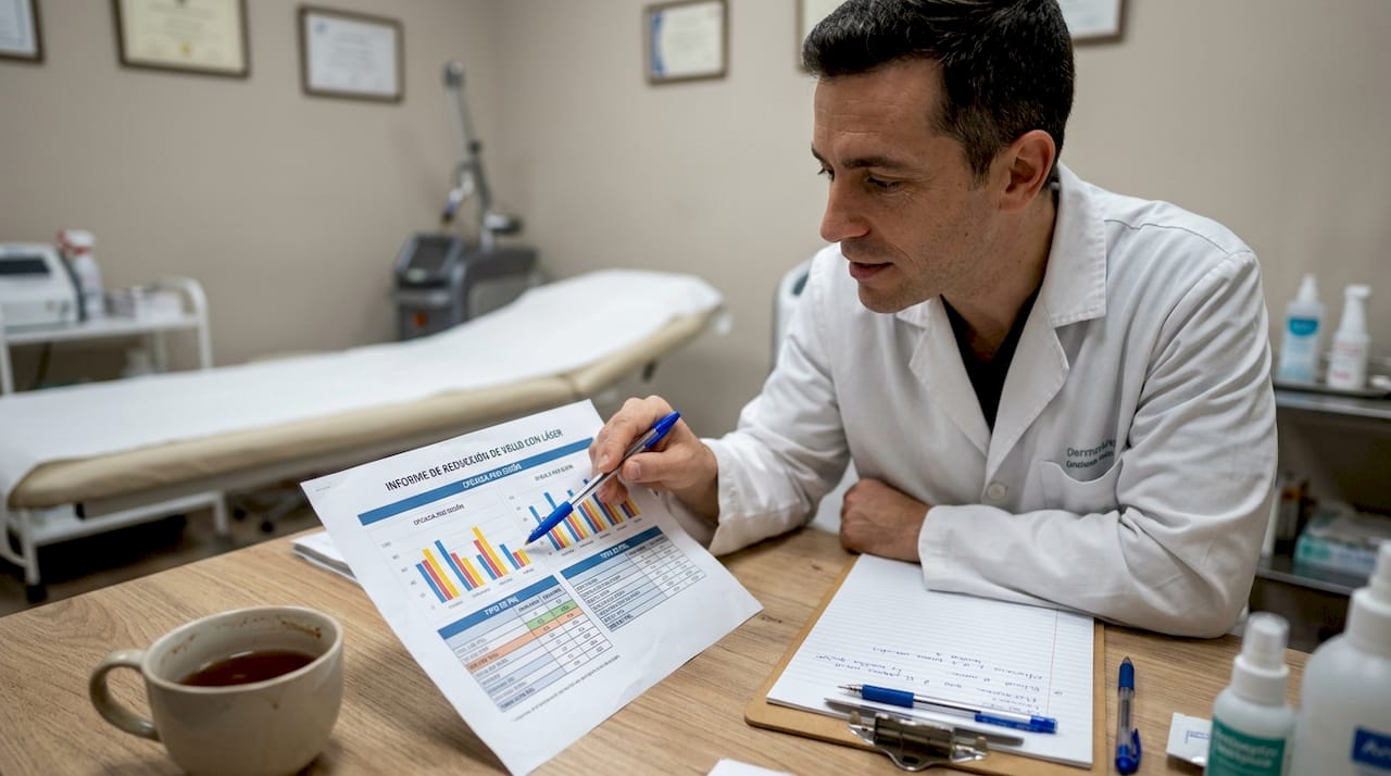 El dermatólogo analiza los resultados del tratamiento láser para reducción.