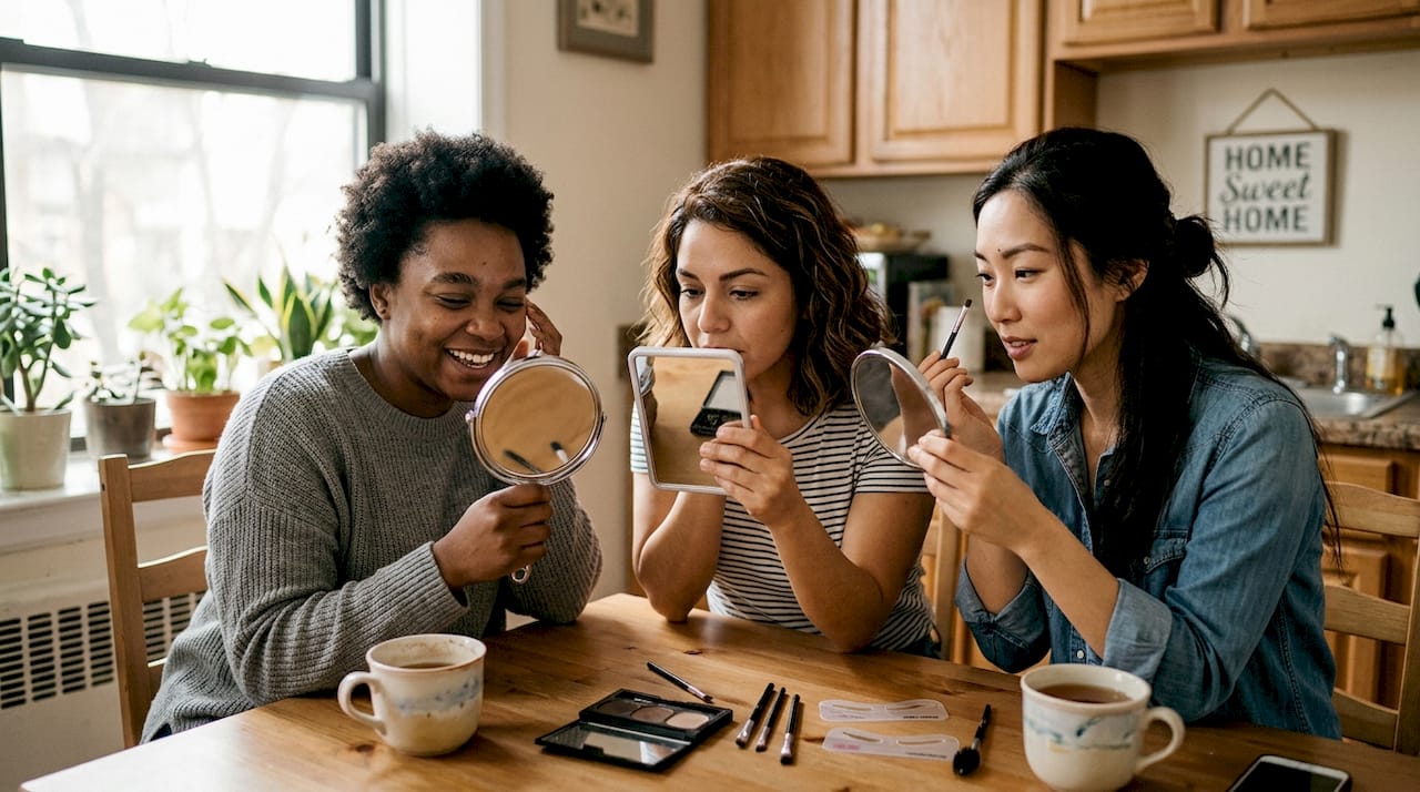 Un grupo de mujeres se sientan alrededor de la mesa de la cocina y comparan cómo llevan las cejas, comentando estilos y formas entre risas.