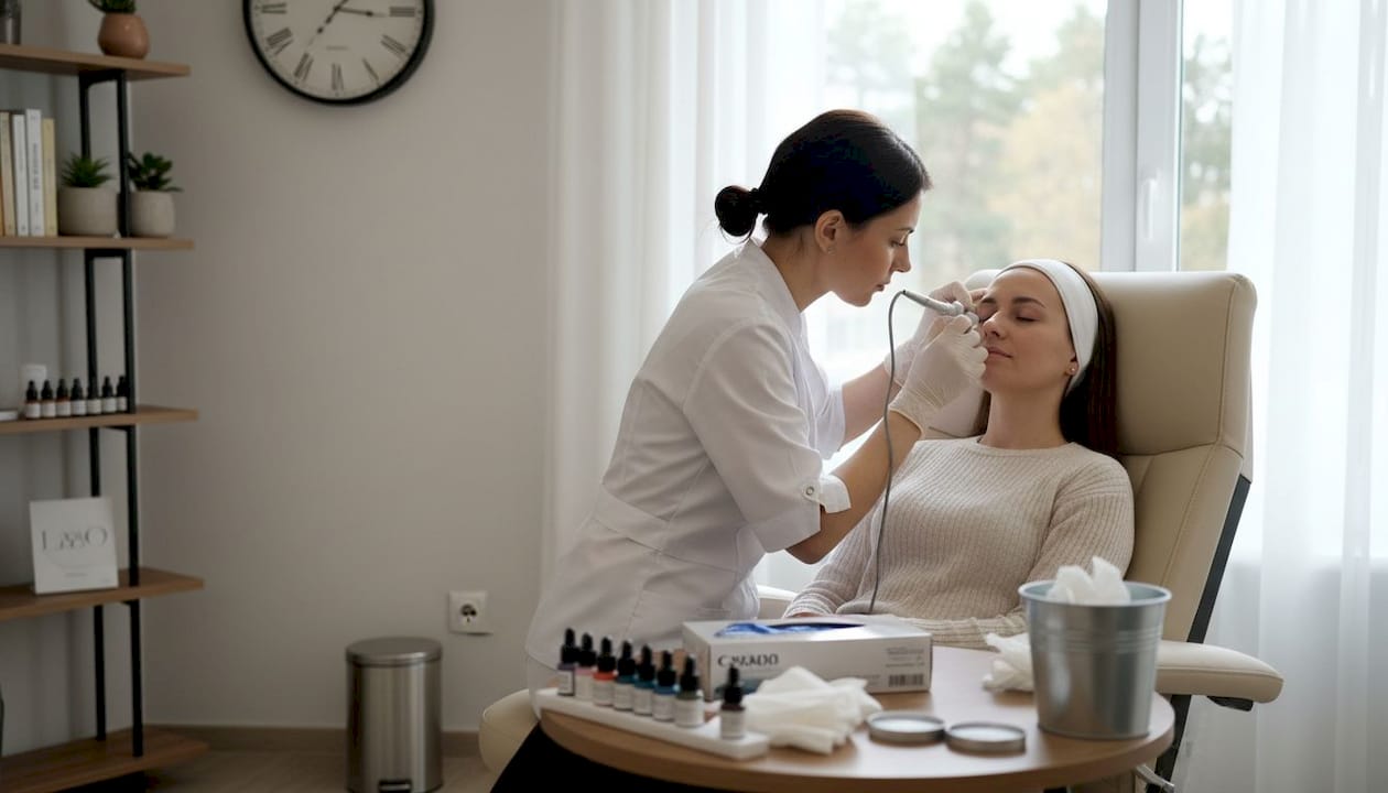 Una especialista en belleza realiza un tratamiento de micropigmentación en las cejas.