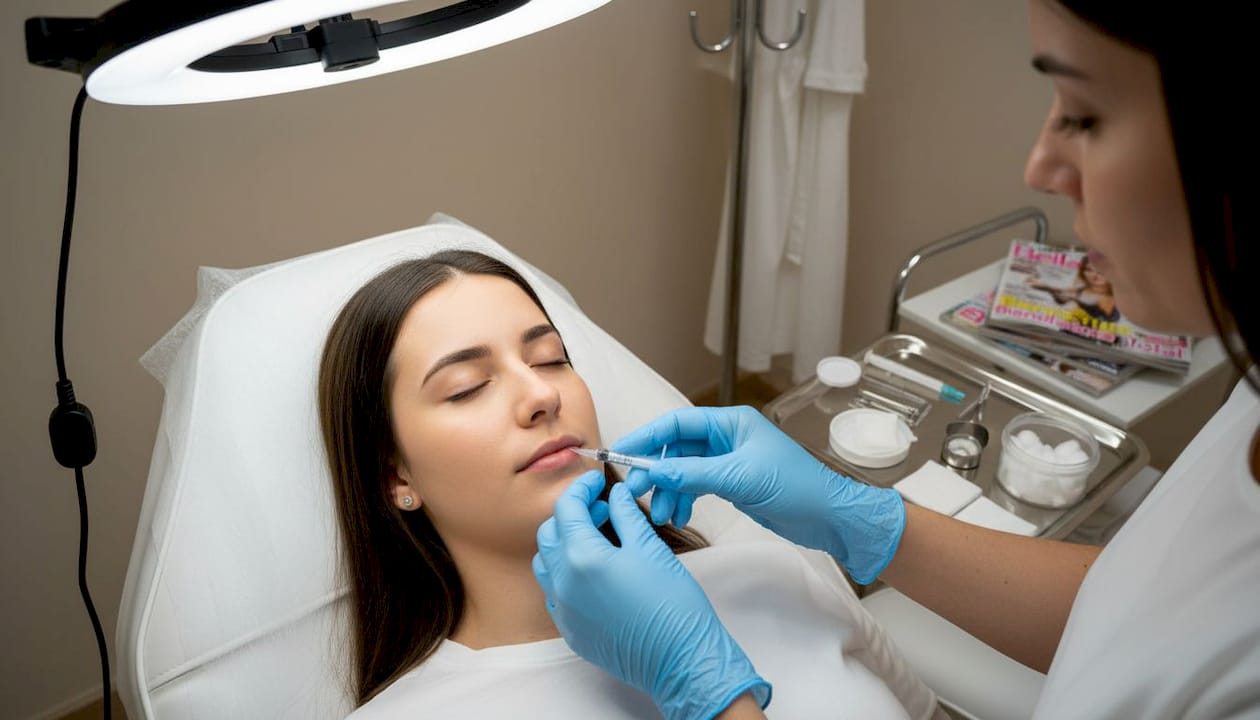 Un especialista realiza un tratamiento de mesoterapia en los labios en una clínica.