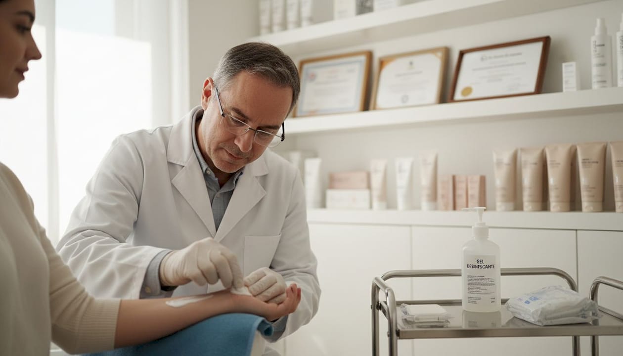 Especialista en dermatología aplicando una crema calmante después de un tratamiento con láser