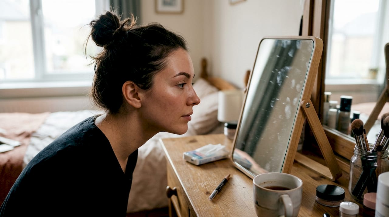 Una mujer examina el resultado de su dermopigmentación de cejas frente al espejo de su tocador en casa.