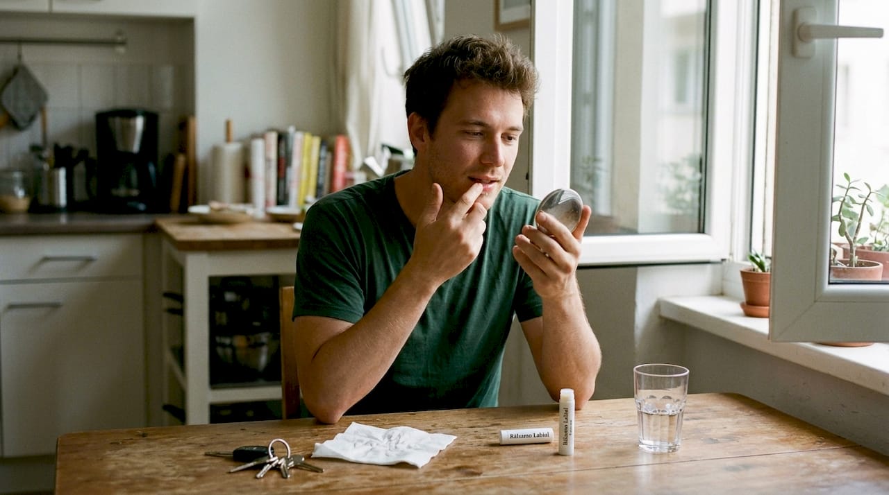 Un hombre se aplica bálsamo labial mientras disfruta de la luz natural en su cocina.