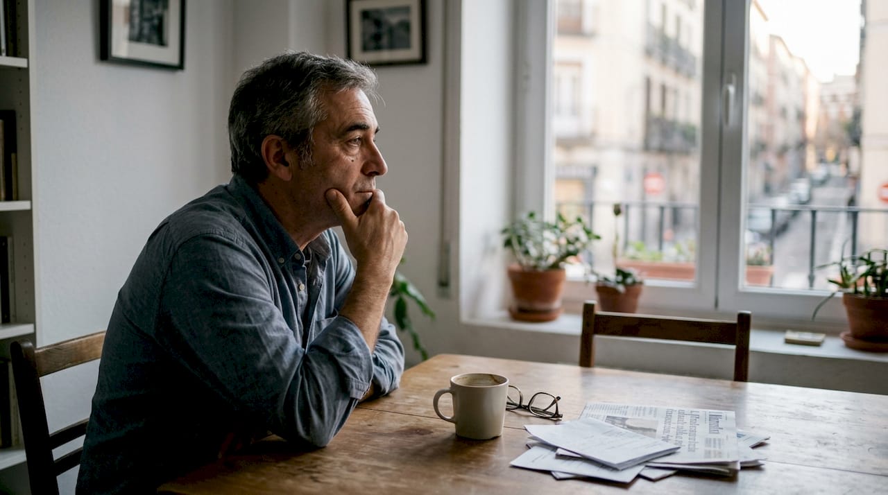 Un hombre de edad avanzada aparece con las cejas caídas y un gesto pensativo en el rostro.