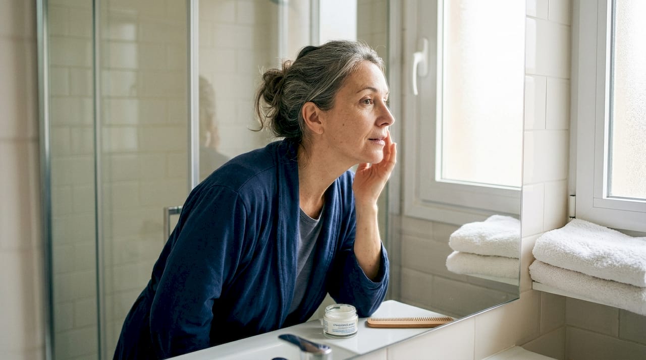 Una mujer admira lo saludable y luminoso que luce su piel mientras se mira al espejo en el baño.