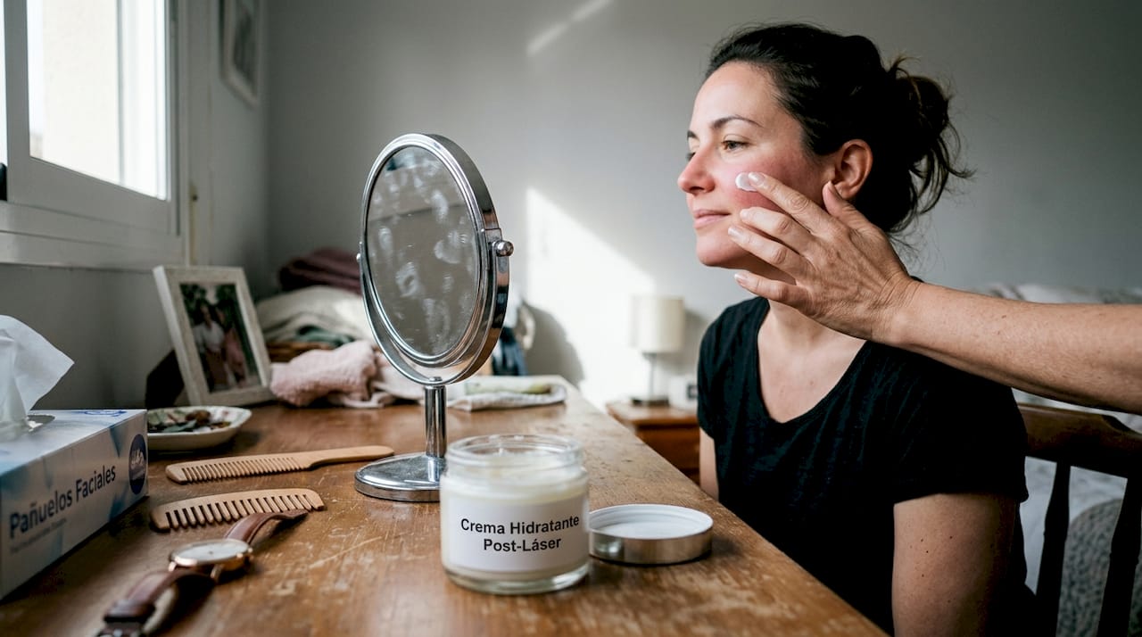 Aplicación de ungüento en la piel después de un tratamiento láser