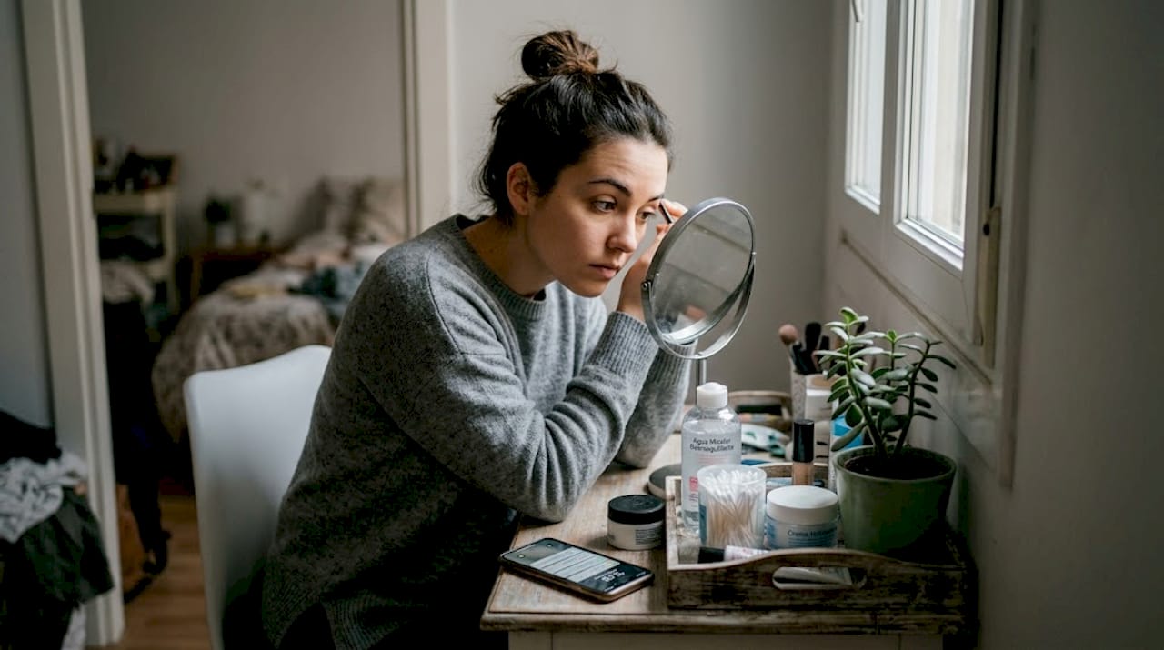 Mujer comprobando el resultado de sus cejas semipermanentes en casa