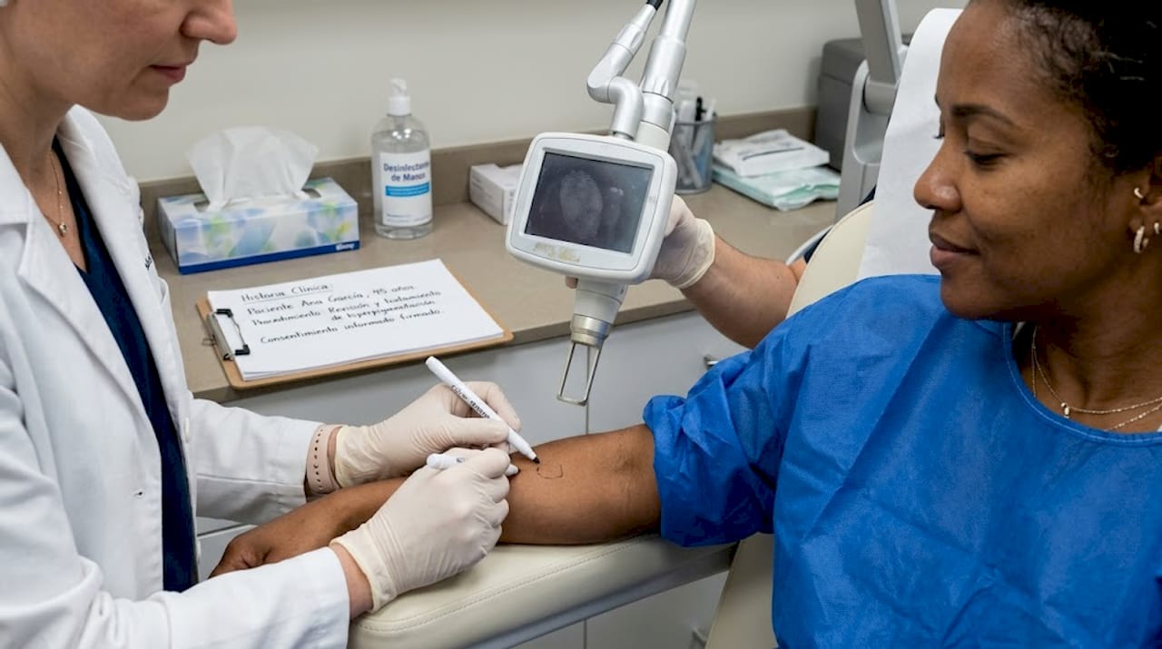Aplicación de tratamiento láser sobre la piel en un centro médico.