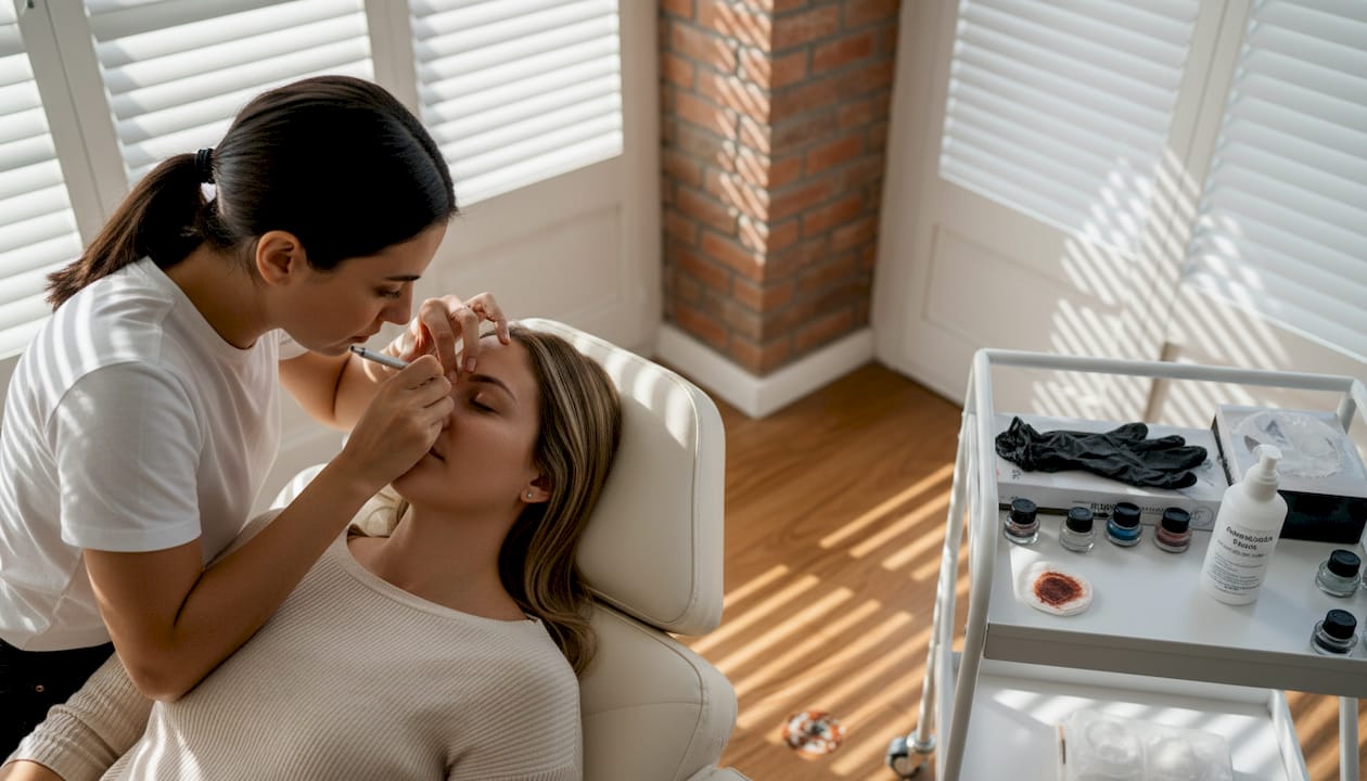 Especialista en cejas realizando una sesión de microblading a una clienta.