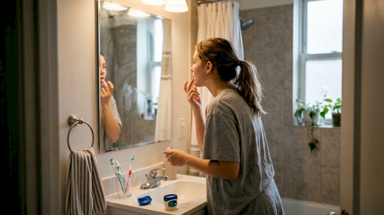 Mujer retocándose los labios con bálsamo en el baño