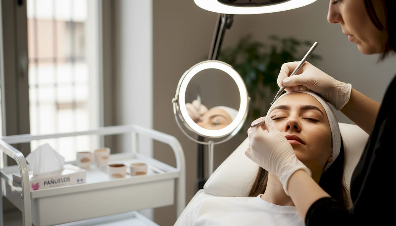 Especialista realizando ajustes en la micropigmentación de cejas de una clienta