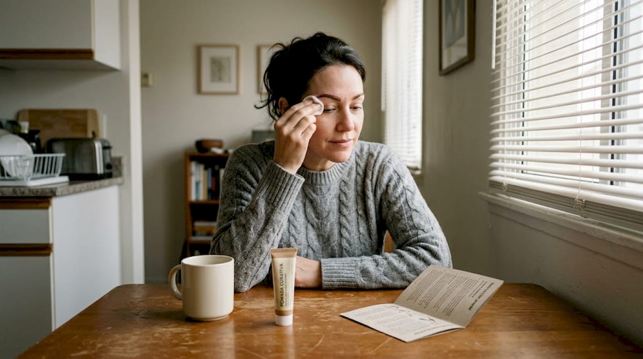 Mujer cuidando sus cejas en casa después de un microblading