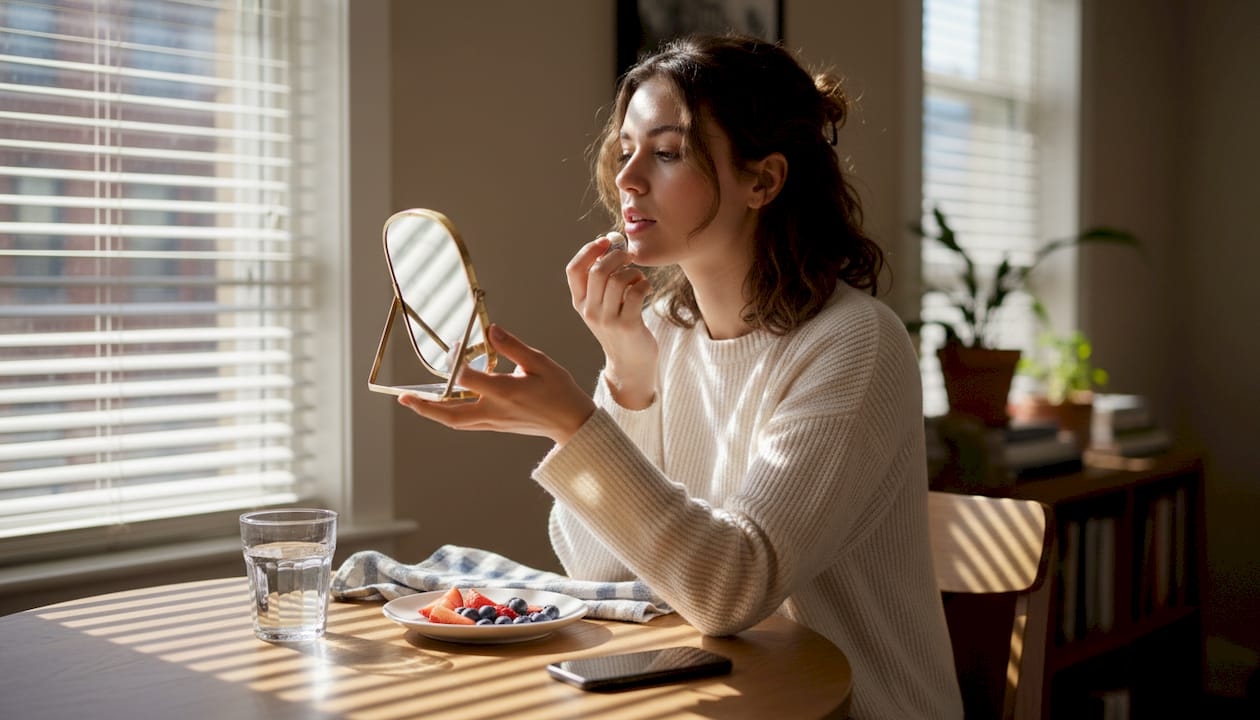 Una mujer se hidrata los labios mientras está sentada en la mesa de la cocina.