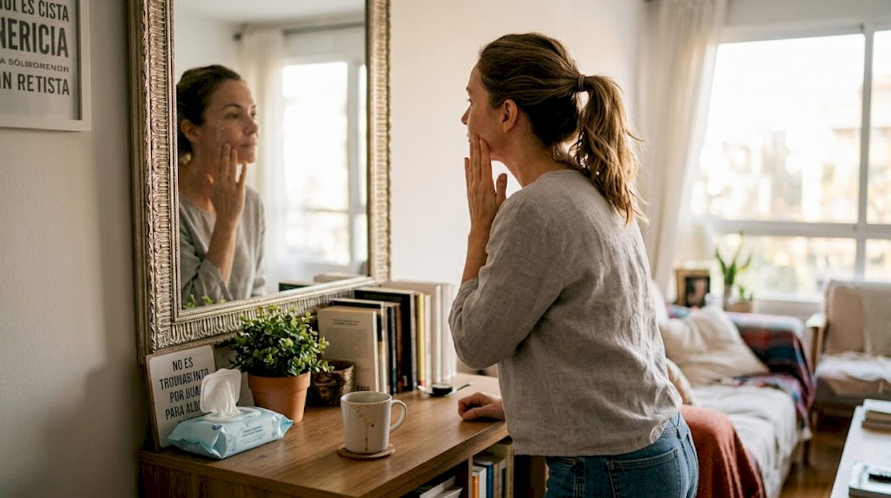 Una mujer se contempla en el espejo y aprecia lo natural de sus resultados.