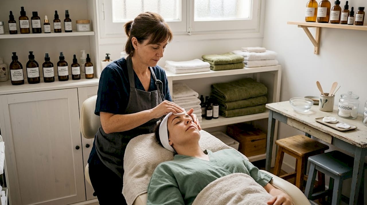 Profesional de estética realizando una limpieza facial en un gabinete acogedor