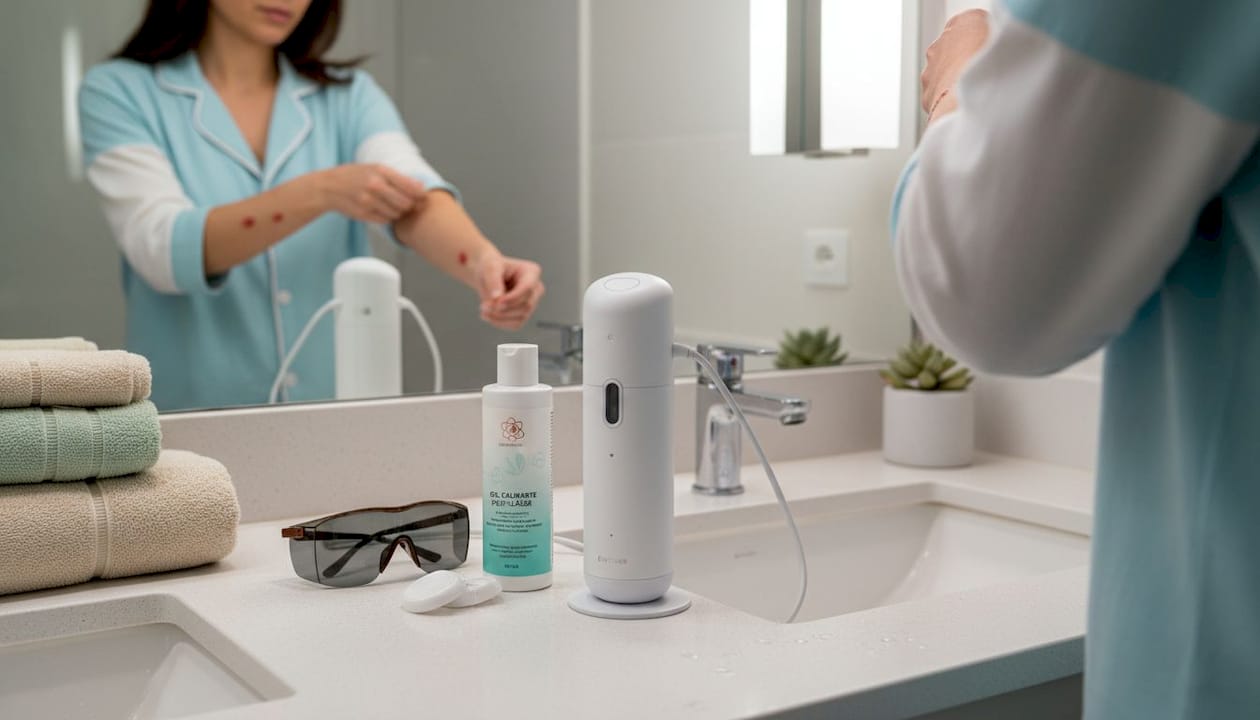 El dispositivo, las gafas y el gel láser están colocados sobre la encimera del baño.
