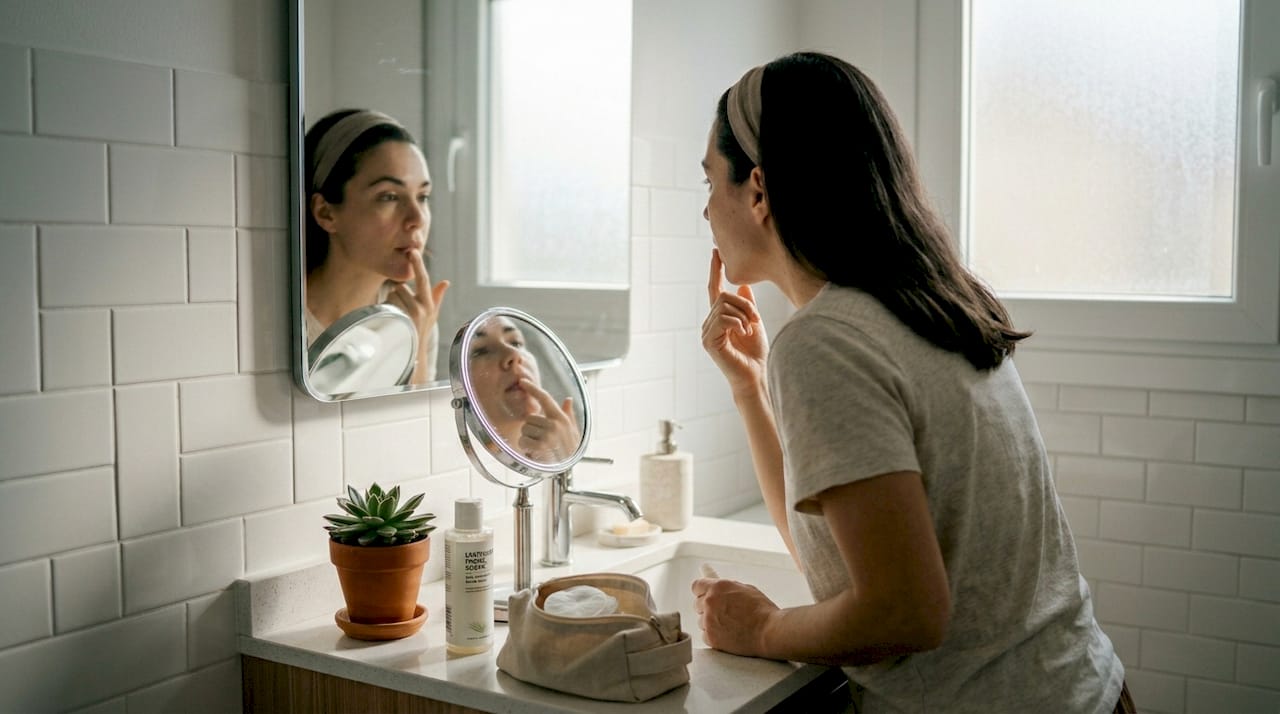 Mujer arreglándose las cejas y los labios frente al lavabo