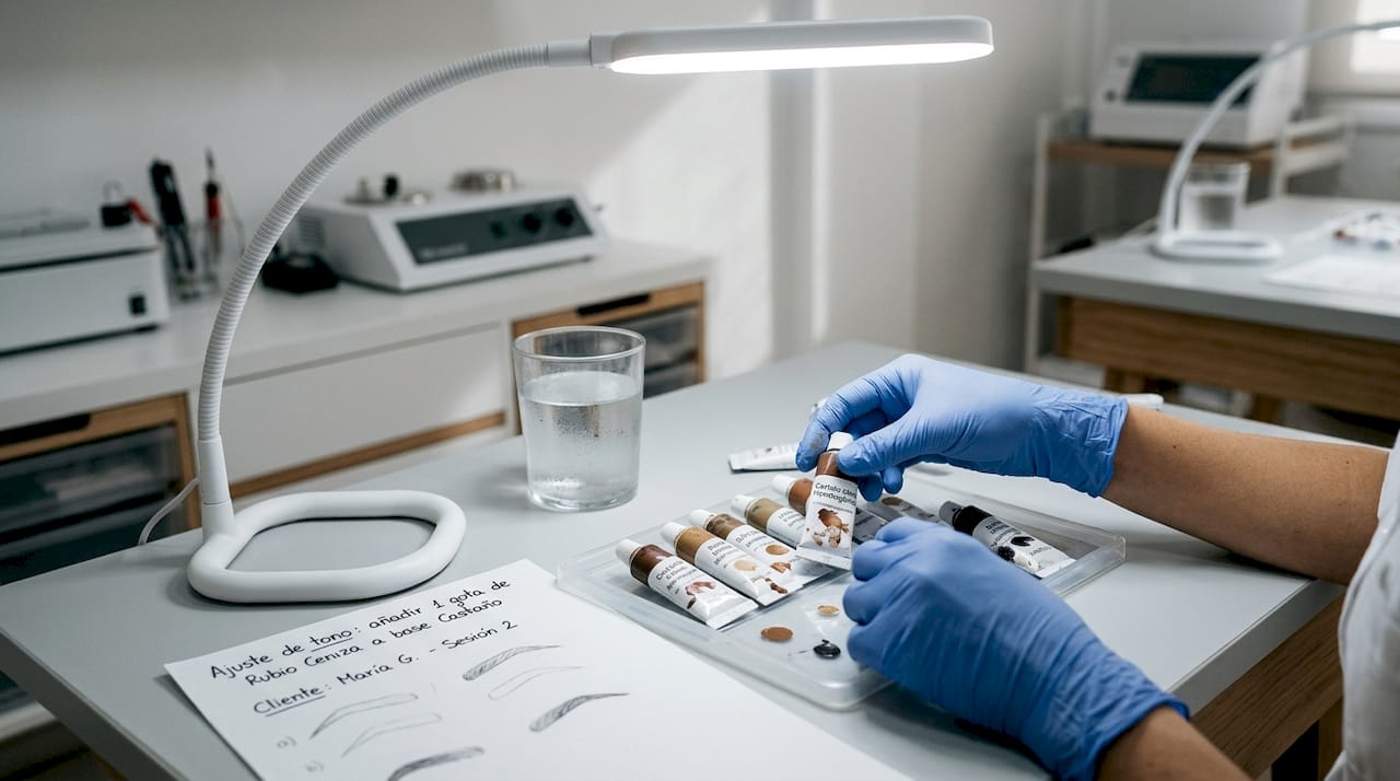Especialista eligiendo cuidadosamente pigmentos aptos para pieles sensibles