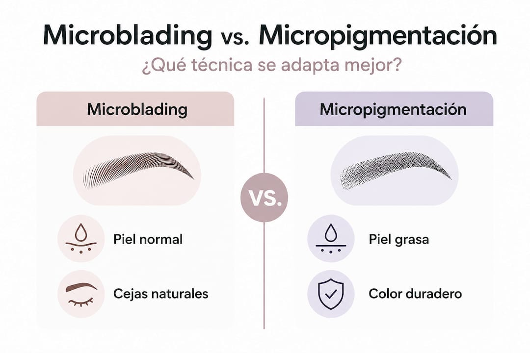 Infografía que muestra las diferencias entre microblading y micropigmentación en cejas