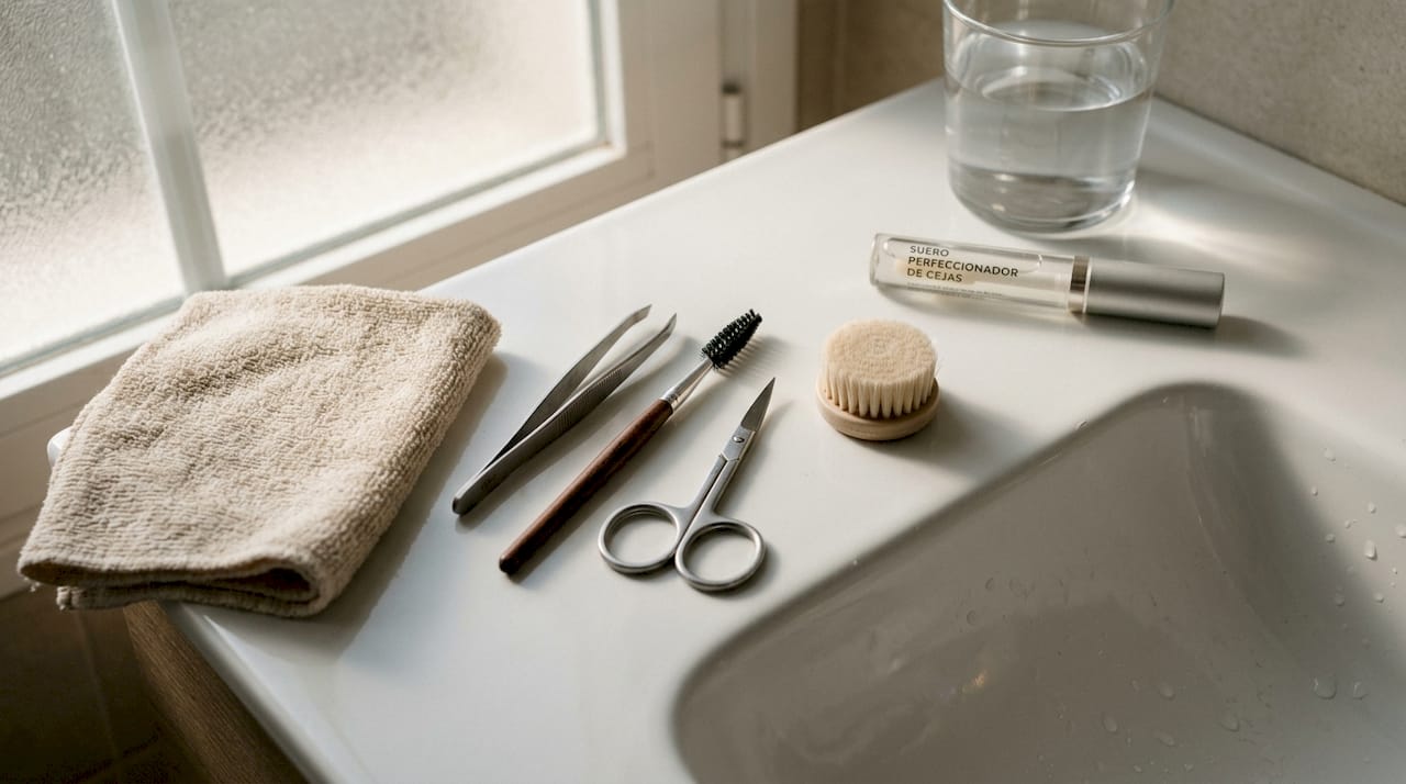 Utensilios para arreglar las cejas colocados sobre el lavabo, todo perfectamente ordenado y limpio.